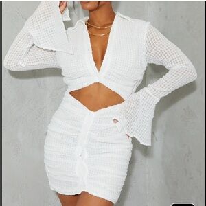 PrettyLittleThing white textured glittered bell sleeves dress mini 6 NWT